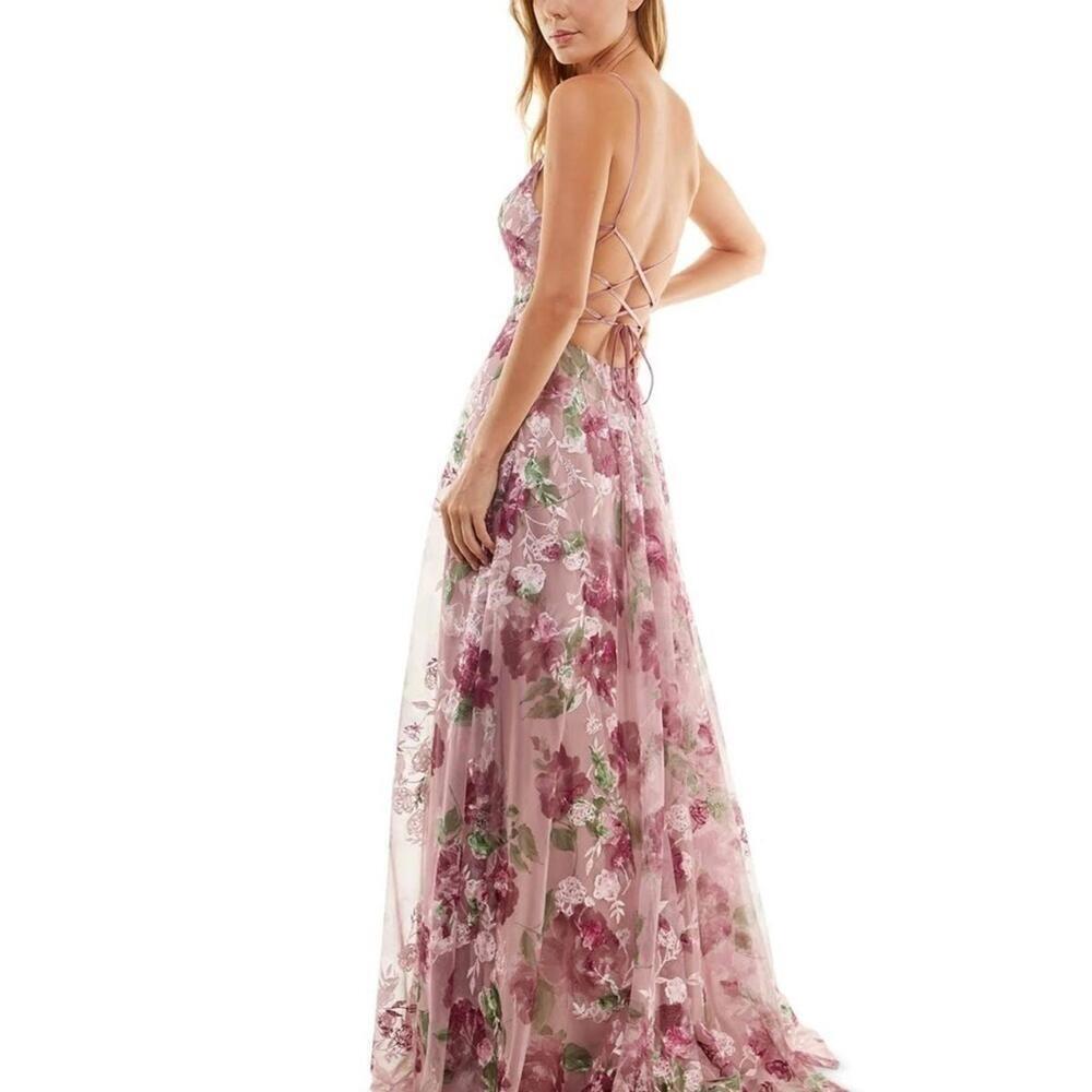SAY YES TO THE PROMJuniors'Embroidered Floral Lace-Up Gown evening dress 5 dress - Picture 8 of 15
